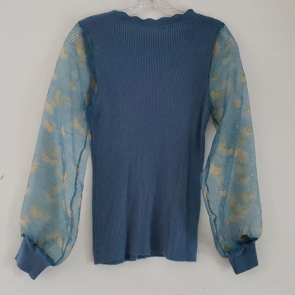 SIONI blu knit with Sheer floral Long Sleeves Sweater Top Cornflower blue Size S - Picture 9 of 16